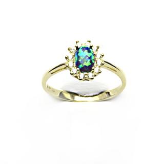 Zlatý prsten Kate, syntetický zelený opál, čiré zirkony, žluté zlato, T 1480