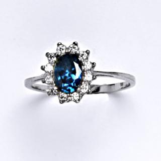 Zlatý prsten Kate, zirkon akvamarin tmavý, čiré zirkony, bílé zlato, T 1480