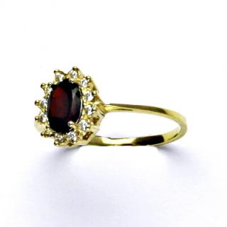 Zlatý prsten Kate, žluté zlato, přírodní granát, čiré zirkony, T 1480
