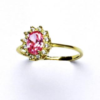 Zlatý prsten Kate, žluté zlato, růžový zirkon, čiré zirkony, T 1480