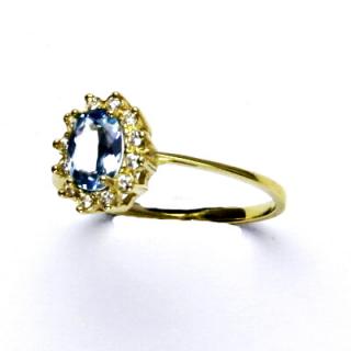 Zlatý prsten Kate, žluté zlato, syntetický akvamarin světlý, čiré zirkony, T 1480