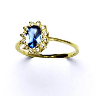 Zlatý prsten Kate, žluté zlato, syntetický akvamarin tmavý, čiré zirkony, T 1480
