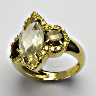 Zlatý prsten, přírodní citrín a záhněda, prsten ze zlata, žluté zlato, vel. 55, 7,56 g