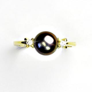 Zlatý prsten, přírodní říční perla černá, žluté zlato, T 1207