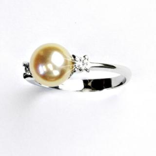 Zlatý prsten, přírodní říční perla lososová, bílé zlato, T 1207