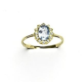 Zlatý prsten s diamanty, přírodní akvamarín, žluté zlato, VR 247