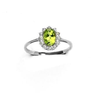 Zlatý prsten s diamanty, přírodní olivín, bílé zlato, VR 247