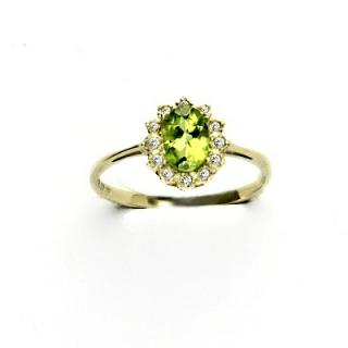 Zlatý prsten s diamanty, přírodní olivín, žluté zlato, VR 247