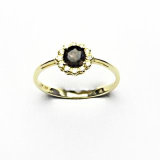 Zlatý prsten, žluté zlato, přírodní záhněda, čiré zirkony, T 1495