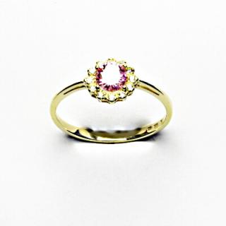 Zlatý prsten, žluté zlato, růžový zirkon, čiré zirkony, T 1495