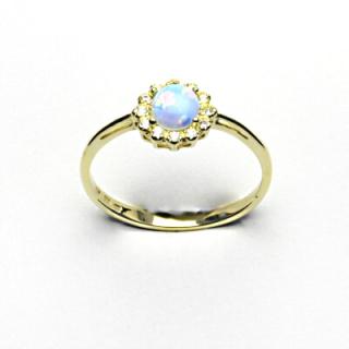 Zlatý prsten, žluté zlato, světle modrý syntetický opál, čiré zirkony, T 1495