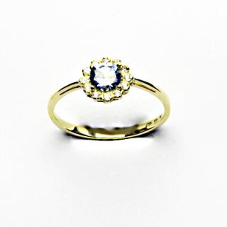 Zlatý prsten, žluté zlato, syntetický akvamarin, čiré zirkony, T 1495