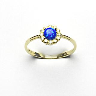 Zlatý prsten, žluté zlato, tmavě modrý syntetický opál, čiré zirkony, T 1495