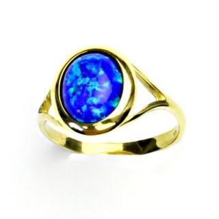 Zlatý prsten, žluté zlato, tmavě modrý syntetický opál, T 1453