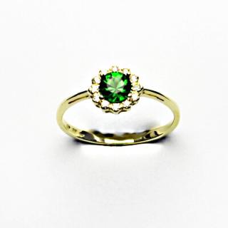 Zlatý prsten, žluté zlato, zirkon emerald, čiré zirkony, T 1495