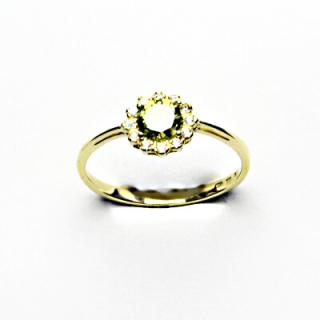Zlatý prsten, žluté zlato, zirkon olivín, čiré zirkony, T 1495