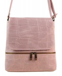 Kožená dámska crossbody kabelka v kroko dizajne ružová