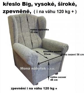 Velké křeslo ušák - pro velké postavy,  - varianta potahu Altara 16 , zvýšený sedák na 52 cm, zvýšené opěradlo na 85 cm, rozšířený sedák na 56 cm