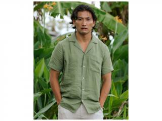 Lehká pánská lněná košile HAWI s krátkým rukávem v lesní zelené Velikost: L