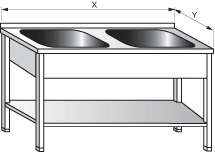 Nerezový stůl dvoudřez s policí hloubka 800 (400x400x250) Šířka mycího stolu: 1200, výška: 900