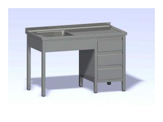 Nerezový stůl jednodřez, zásuvkový blok hloubka 600 (400x400x250) Šířka mycího stolu: 1000, výška: 900