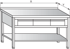 Nerezový stůl se třemi zásuvkami a policí hloubka 600 Šířka: 2000, výška: 900