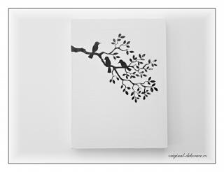 Obrázek na plátně - větev s ptáčky (- obrázek na lněném plátně, bytové dekorace, bytové doplňky)