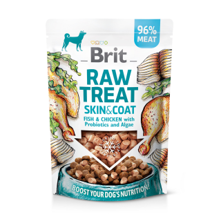 Brit Raw Treat Skin&amp;Coat, Fish&amp;Chicken 40g (Mrazem sušené pamlsky a topper pro psy - ryba a kuře s probiotiky a řasou)