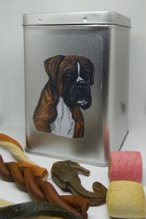 Boxer žíhaný - plechová dóza s pamlsky pro psy (30 kusů pamlsků)
