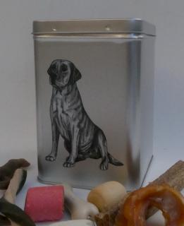 Labrador čb - plechová dóza s pamlsky pro psy (30 kusů pamlsků)