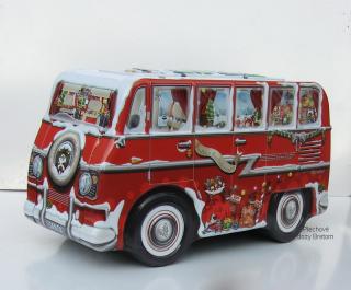 Plechová dóza ve tvaru minibusu, zimní potisk  (velikost 17x9x8 cm)