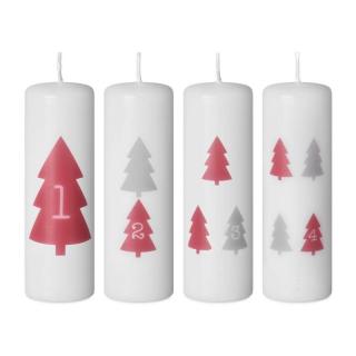Emocio adventní svíčky 40x120 bílé barvy s červeno šedým potiskem stromečků a čísel 4 ks 4 x 125 g
