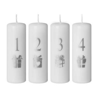 Emocio adventní svíčky 40x120 bílé barvy se stříbrným potiskem čísel a dárků 4 ks 4 x 125 g