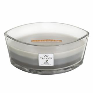 WoodWick lodička vonná svíčka Trilogy Warm Woods 454 g