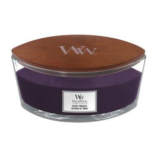 Woodwick lodička vonná svíčka Velvet Tobacco (Sametový tabák)