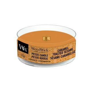 Woodwick Petite drobná svíčka Caramel Toasted Sesame (Opečený karamelový sezam)