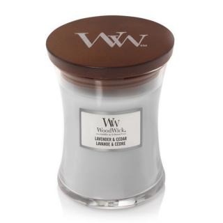 WoodWick střední vonná svíčka Lavender  Cedar (Levandule a cedr)