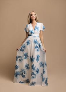Společenské bílé šaty VICKY modré květy Barva: bílá-modrá, Velikost: L