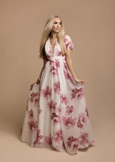 Společenské bílé šaty VICKY růžové květy Barva: Bílá - Růžová, Velikost: L