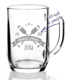 Půllitr s pískovaným motivem "Vodácká legenda" (Do poznámky v nákupním košíku napište požadované požadované jméno a číslo)