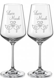 Skleničky na víno k výročí svatby PTÁČCI, 2 ks (Výroční skleničky se jmény)