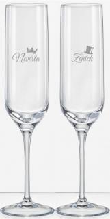 Svatební skleničky na sekt Korunka a Cylindr, 2 ks (Svatební sklenky pro nevěstu a ženicha s datem svatby na dýnku)