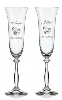 Svatební skleničky na sekt Prsteny, 2 ks (Svatební sklenky s prsteny a jmény)