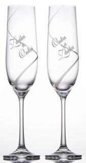 Svatební skleničky na sekt ručně broušené a kameny Preciosa, 2 ks (Preciosa sklenky se jmény a datem svatby na dýnku )