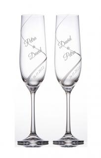 Svatební skleničky na sekt ručně broušené Jména, 2 ks (Ručně broušené svatební sklenky se jmény a datem svatby)