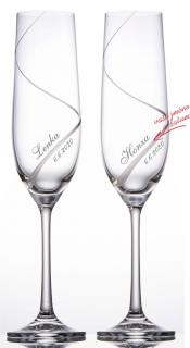 Svatební skleničky na sekt ručně broušené Spirála, 2 ks (Ručně broušené svatební sklenky se jmény a datem svatby)