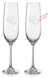 Svatební skleničky na sekt s iniciály , 2 ks (Svatební sklenky se srdcem, iniciály  a datem svatby)