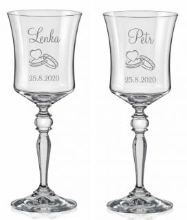 Svatební skleničky na víno Prsteny, 2 ks (Svatební sklenky s prsteny, jmény a datem svatby)