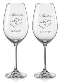 Svatební skleničky na víno Srdce dvojité, 2 ks (Svatební sklenky se jmény, srdíčky a datem svatby)