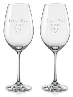 Svatební skleničky Srdce, 2 ks (Svatební sklenky se srdcem, jmény a datem svatby)